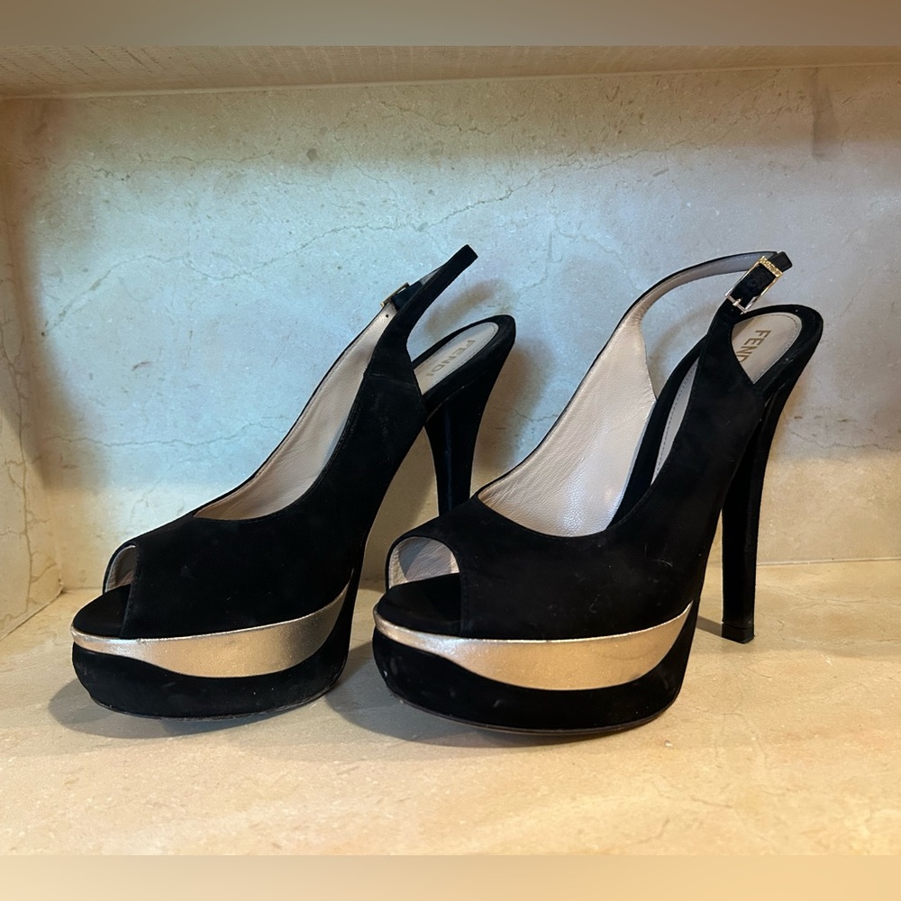 Fendi Black Suede and Metallic Gold Stilettos
